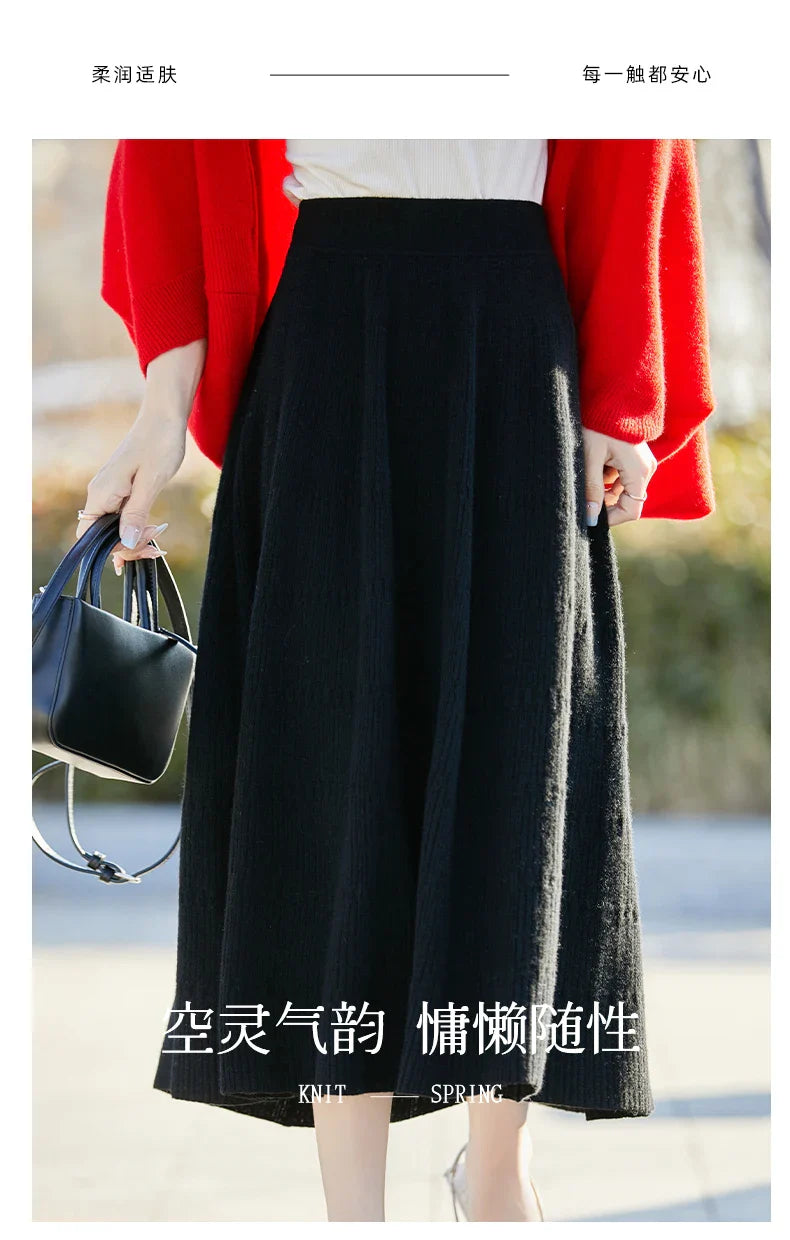 Autumn And Winter High Waist 100% Pure Wool Skirt Female Slim Long Knitted Wool Skirt Loose Wearing A-Line Skirt