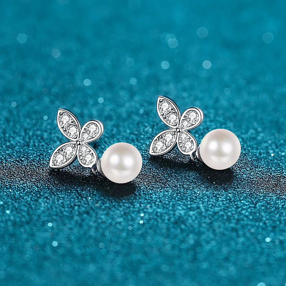 Butterfly Moissanite Diamond Drop Earrings with 8mm Freshwater Pearl 925 Sterling Silver Stud Earring for Women Fine Jewelry