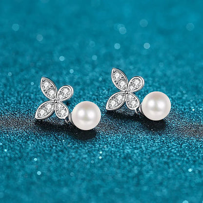 Butterfly Moissanite Diamond Drop Earrings with 8mm Freshwater Pearl 925 Sterling Silver Stud Earring for Women Fine Jewelry