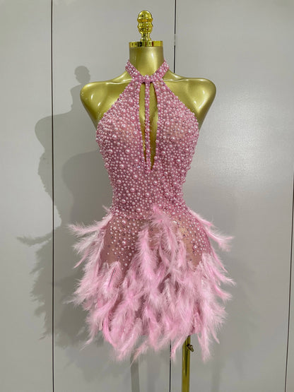 Women Luxury Rhinestones Pearls Feathers Halter Backless Short Dress Women Sexy Celebrate Birthday Dress Nightclub Stage Costume