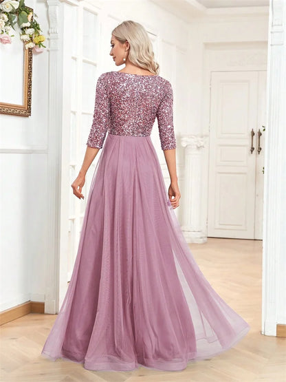 Luxury Sequin V-Neck Evening Dress Women Elegant Tulle Party Maxi Dress Short Sleeves Prom Floor Length Graduation Cocktail Gown