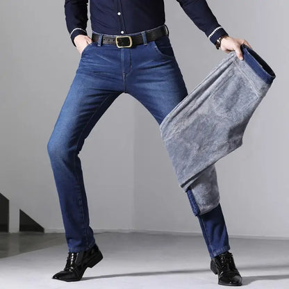 Winter New Men's Warm Blue Black Slim Jeans Classic Style Stretch Slim Fit Thick Pants Fashion Trousers Male Brand