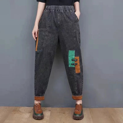 Vintage Patch Denim Stretch Harem Pants for Women