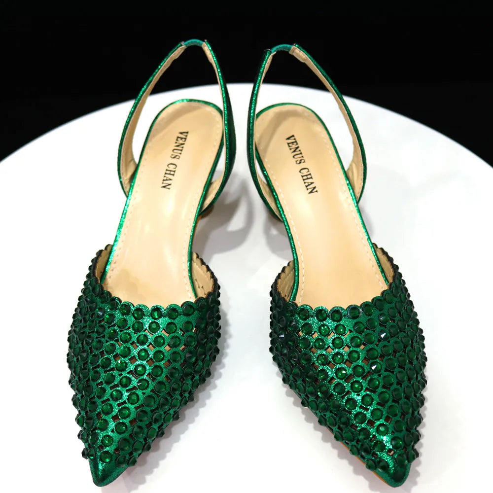 High Heels for Lady 2023 Luxury Designer Green Color Full Diamond Pointed Toe Wedding Shoe and Bag Set for Party
