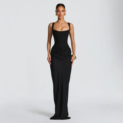 Women's casual long sleeved slim fit fishbone pure desire suspender jumpsuit long skirt slim fit solid color hip hugging dress