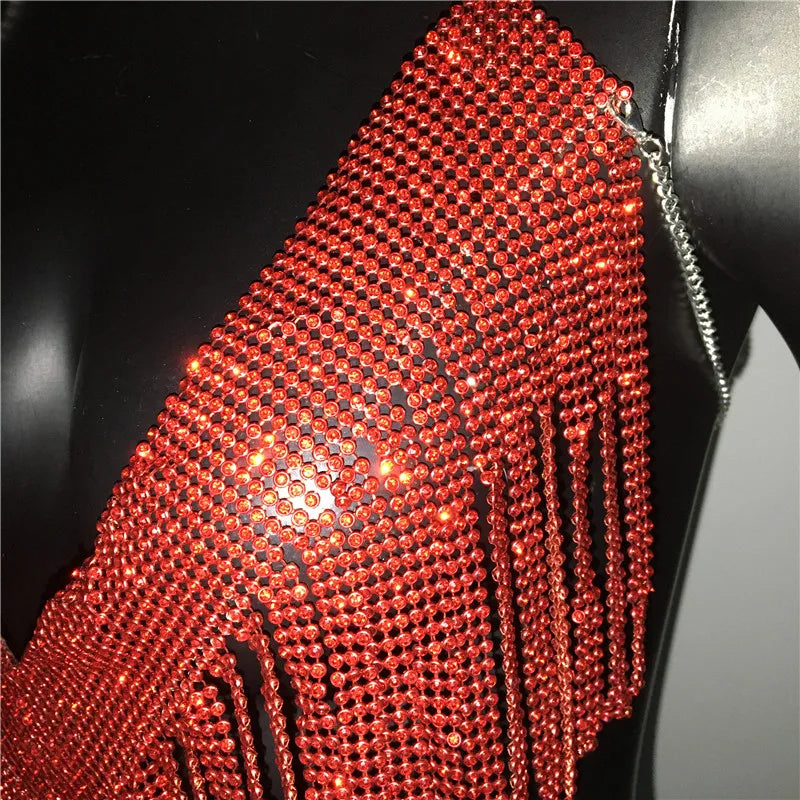 Bling Rhinestones Tassel Party Crop Top Woman Fashion Halter Neck Backless Design Full Diamond Sequins Nightclub Clubwear