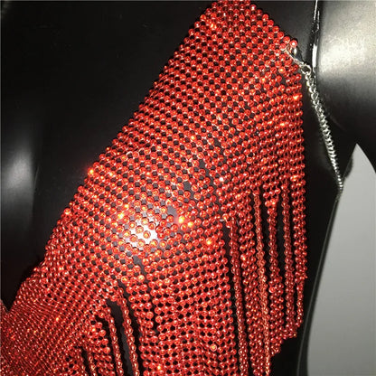 Bling Rhinestones Tassel Party Crop Top Woman Fashion Halter Neck Backless Design Full Diamond Sequins Nightclub Clubwear