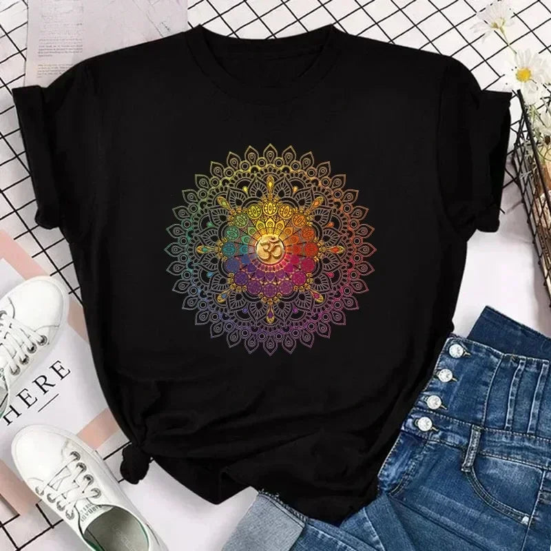Yoga Print Tshirt Women Bird Om Aum Jade Buddha Meditation Tie Die T Shirt Femme T-Shirt Tops