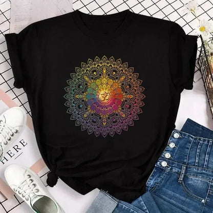 Yoga Print Tshirt Women Bird Om Aum Jade Buddha Meditation Tie Die T Shirt Femme T-Shirt Tops