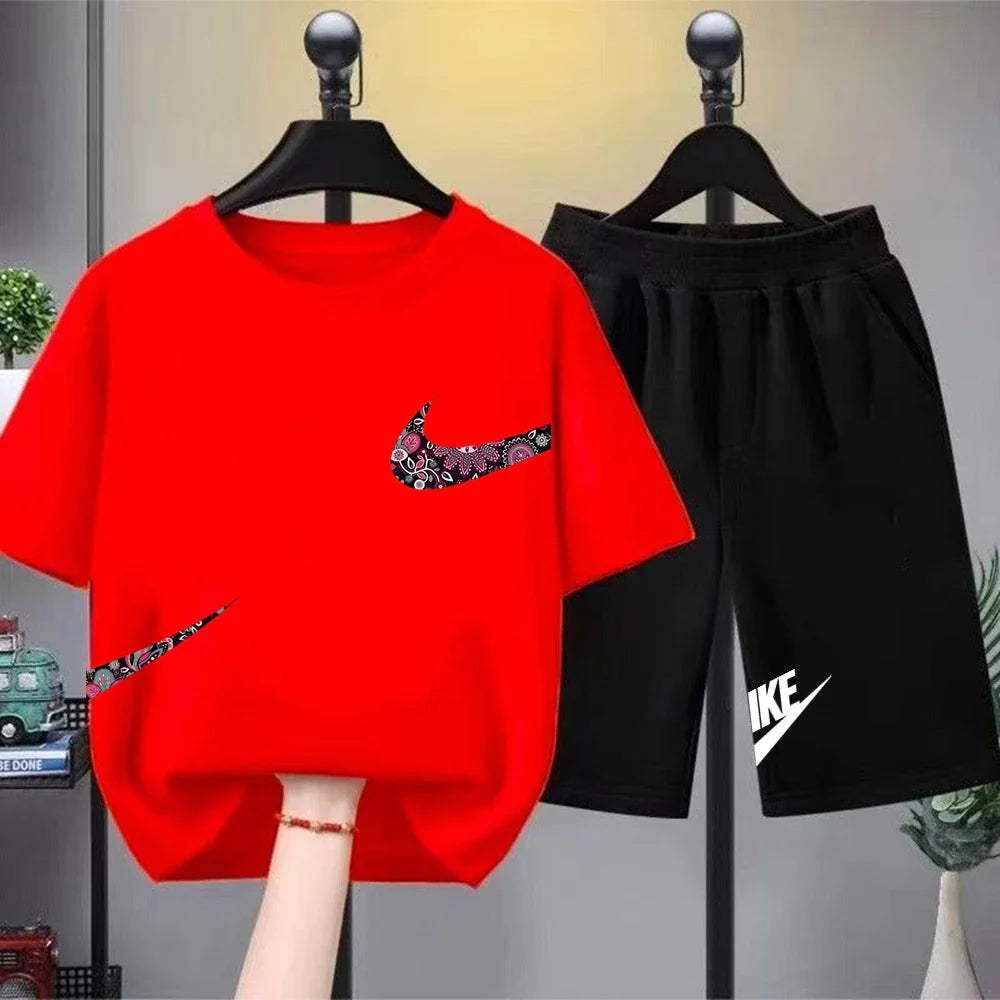 Print black white Short Sleeve Children's T-shirt Set Sports Fashion Boys Girls tops+Shorts Casual Kid new Summer Set