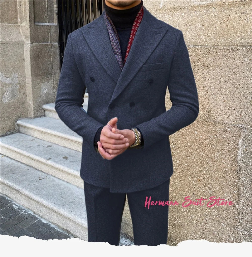 Wool Blend Men's 2 Piece Suit Set（Jacket+Pants) Double Breasted Lapel Suit Set Wedding  Prom Dinner Wrok Travel Dinner Banquet