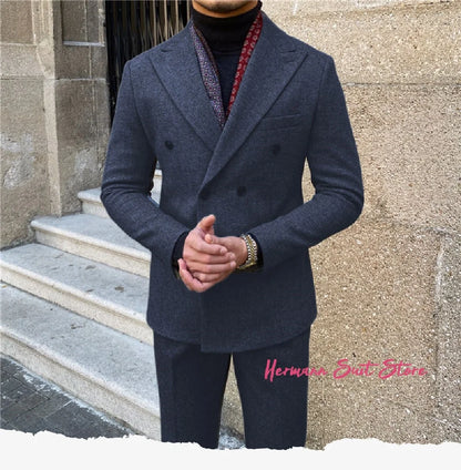 Wool Blend Men's 2 Piece Suit Set（Jacket+Pants) Double Breasted Lapel Suit Set Wedding  Prom Dinner Wrok Travel Dinner Banquet