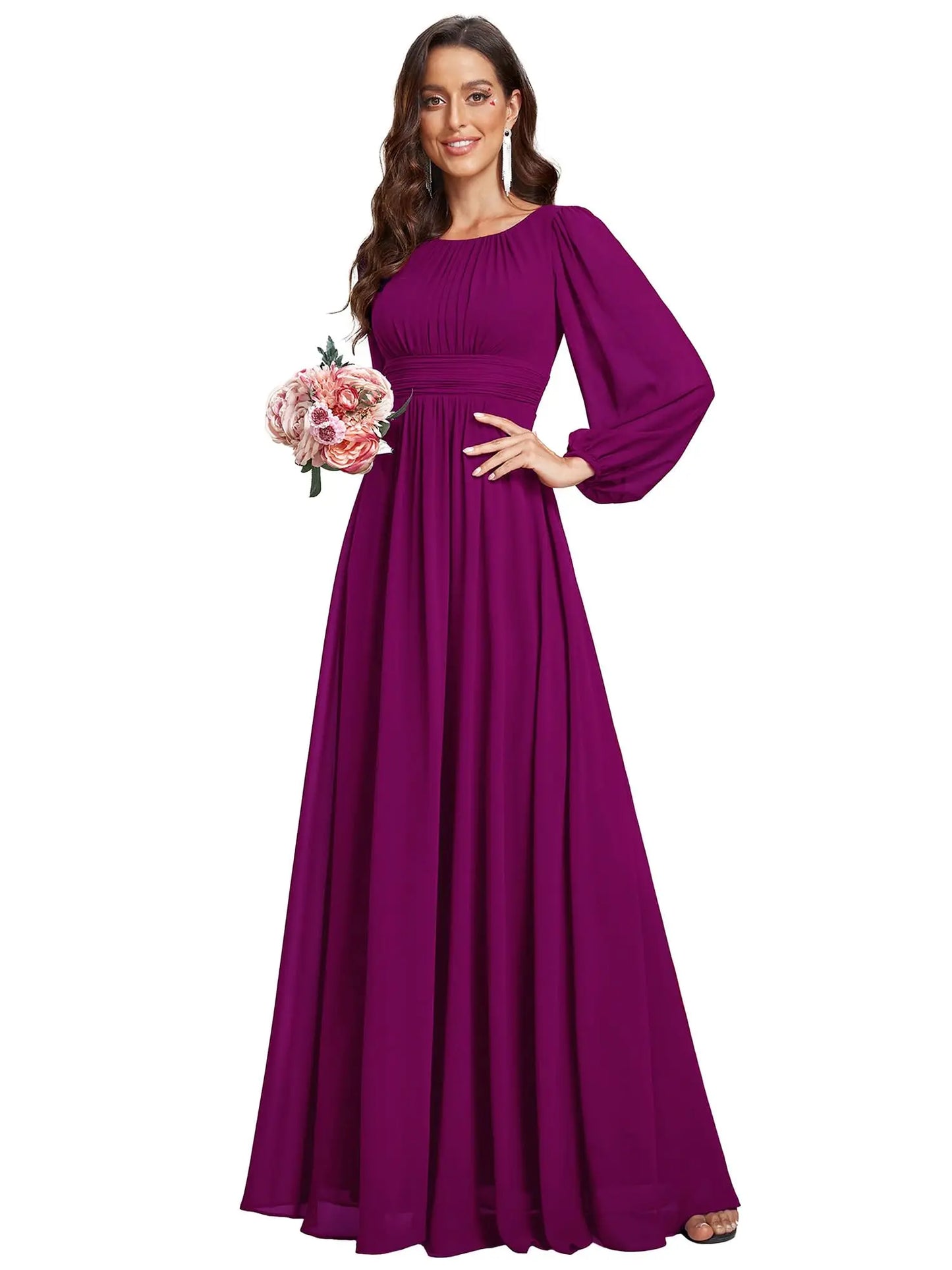 Women's Crewneck Lantern Sleeves Bridesmaid Dresses For Wedding Flowy A-Line Pleated Floor Length Chiffon Formal Evening Dresses