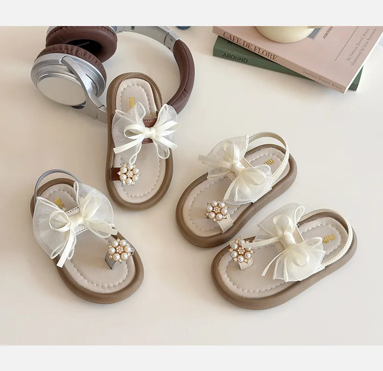 Brand Designer Ribbons Sandals for Girls Beaded Flip Flop Evening Party Dress Shoes Tulle Bow-tie Child Shoes Girl Sandal I06034
