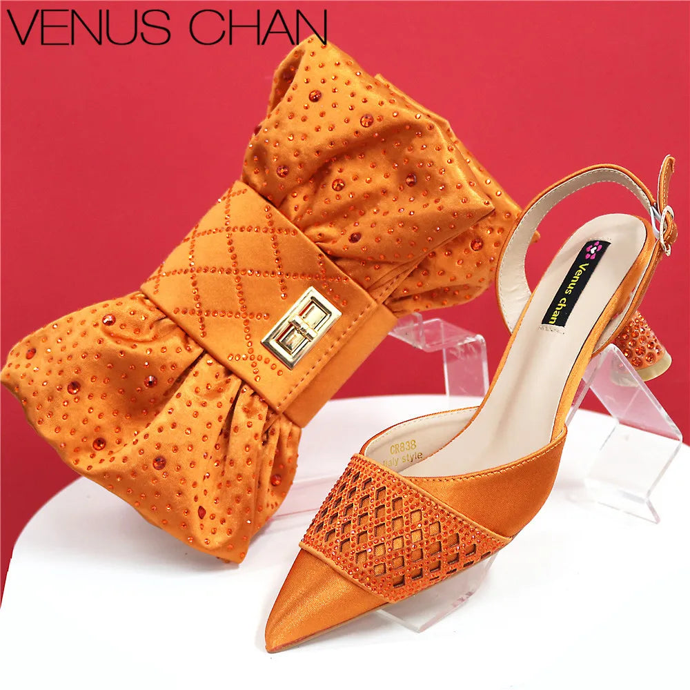 Latest Women Italian Shoes and Matching Bags Decorated with Rhinestone Elegant Pointed Toe Wedding Shoes Bride