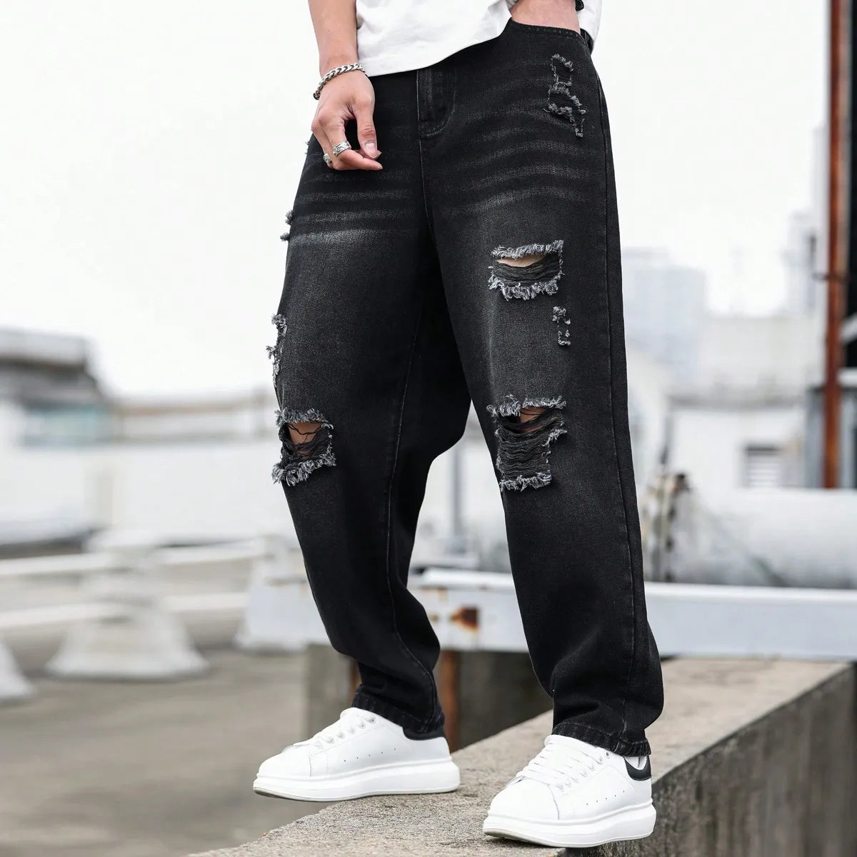 Men's Black Ripped Denim Harem Pants for Spring and Summer, Stylish and Minimalist, a Game - Changer for Lazy Outfits