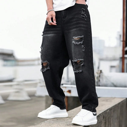 Men's Black Ripped Denim Harem Pants for Spring and Summer, Stylish and Minimalist, a Game - Changer for Lazy Outfits