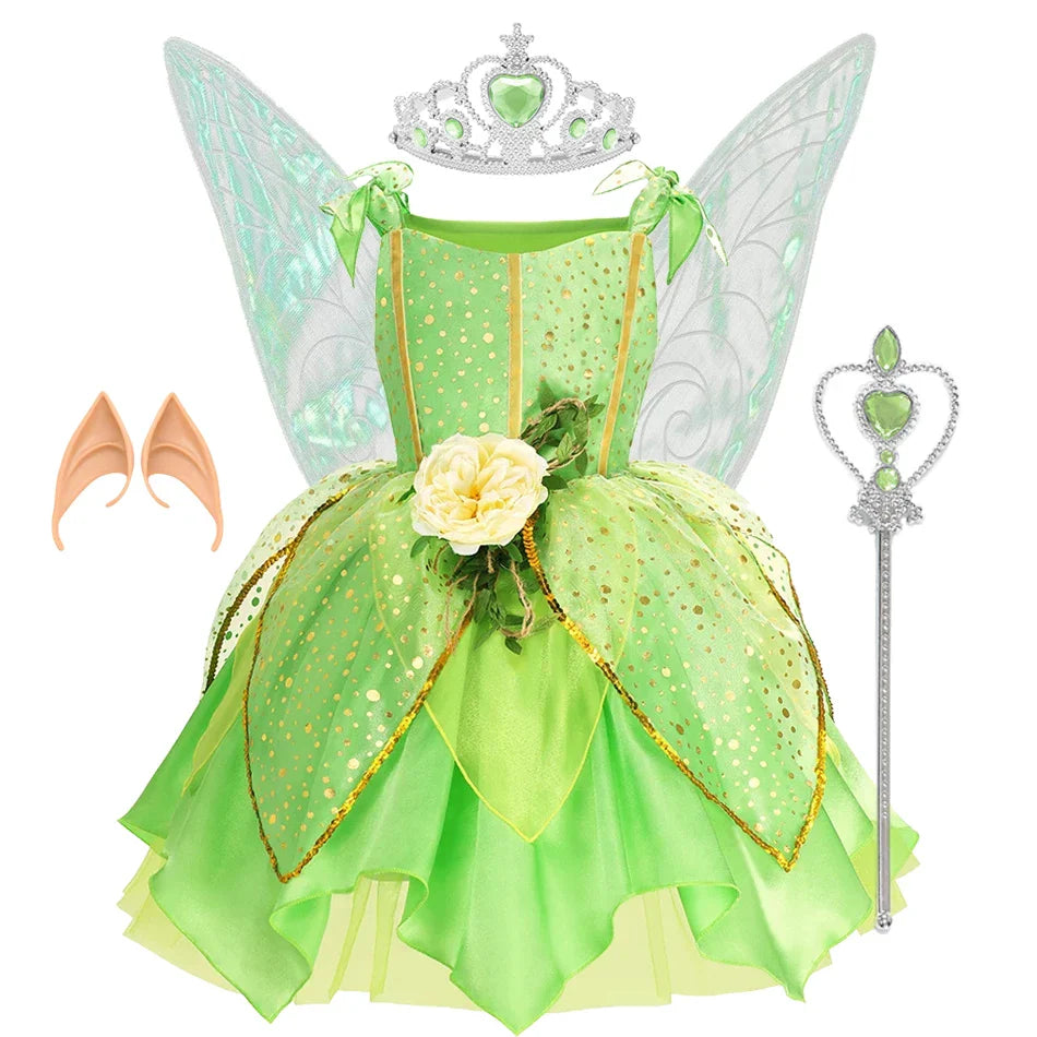 Girls Green Elf Dress Princess Dress Up Children Fairy Dress Halloween Cosplay Beauty Flower Fairy Costume Party Clothing