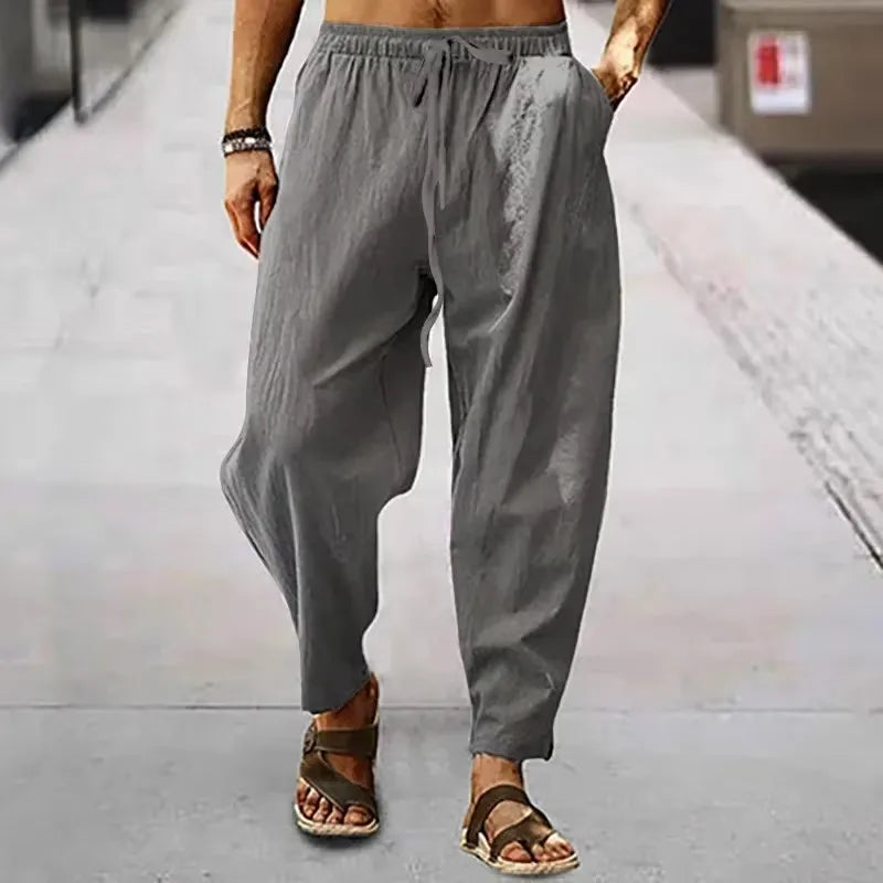 Men spring Summer Cotton Linen Waist Wide-Leg Trousers Men Solid Elastic Waist Streetwear Joggers New Baggy Casual long Trousers