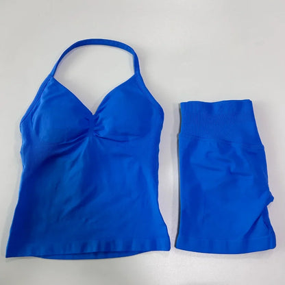No Logo 2 Pieces Sports Set Workout Clothes Shorts Sets Gym Strappy Top Scrunch Shorts Yoga Clothing Gym Set