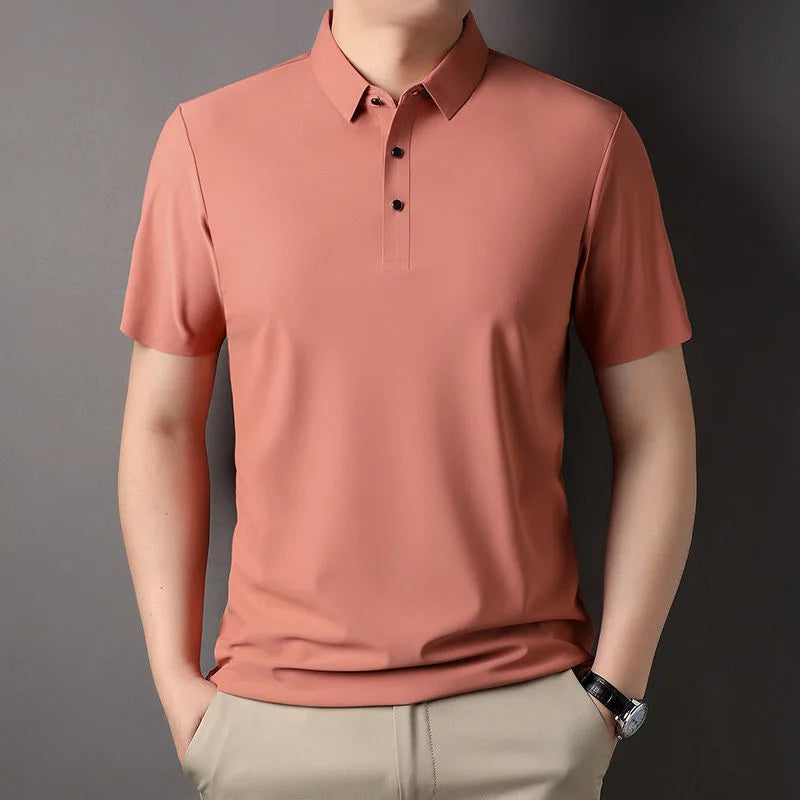 High quality wrinkle resistant ice silk short sleeve t-shirt men's summer Lapel loose casual solid color top high-end polo men