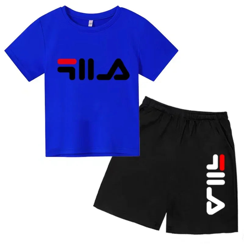 Kids Gift Sports Short-Sleeved Round Neck Black Letters Fashion White T-shirt+Shorts Summer Boy Girl Casual Outdoor Jogging Suit