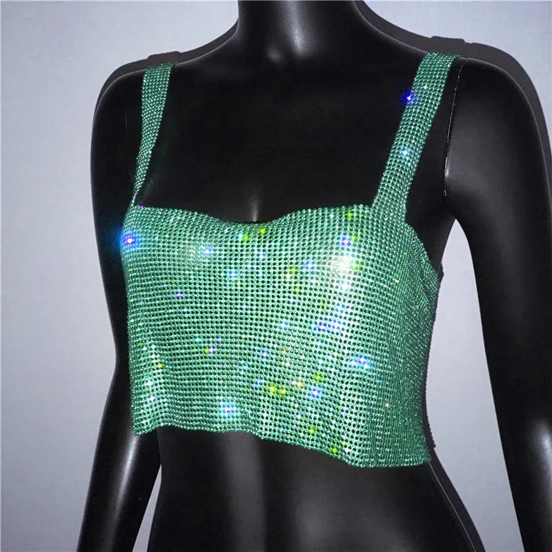 2025 Glitter Nightclub Backless Rhinestone Tank Top Women Sexy Metal Crystal Diamonds Sequined Night Club Party Wear Crop Top