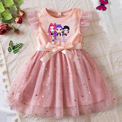 Rumi Girls Sequin Tutu Dress with Bow Flutter Sleeves Summer Princess Party Outfit for Toddler Kids 2-6 Years