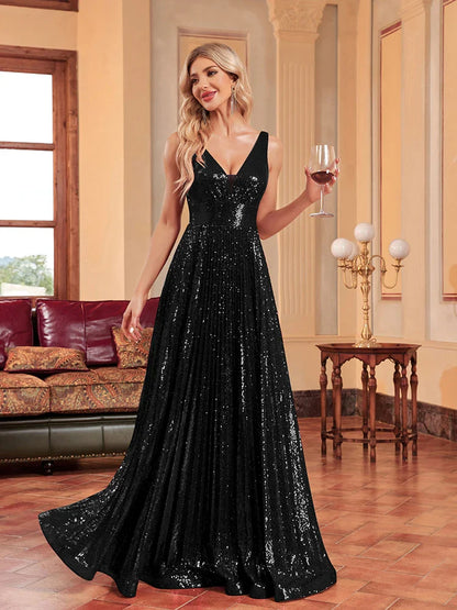 Luxury V-Neck Black Sleeveless Formal Evening Dresses Women Sequins Wedding Party Prom Maxi Cocktail Dresses Vestidos