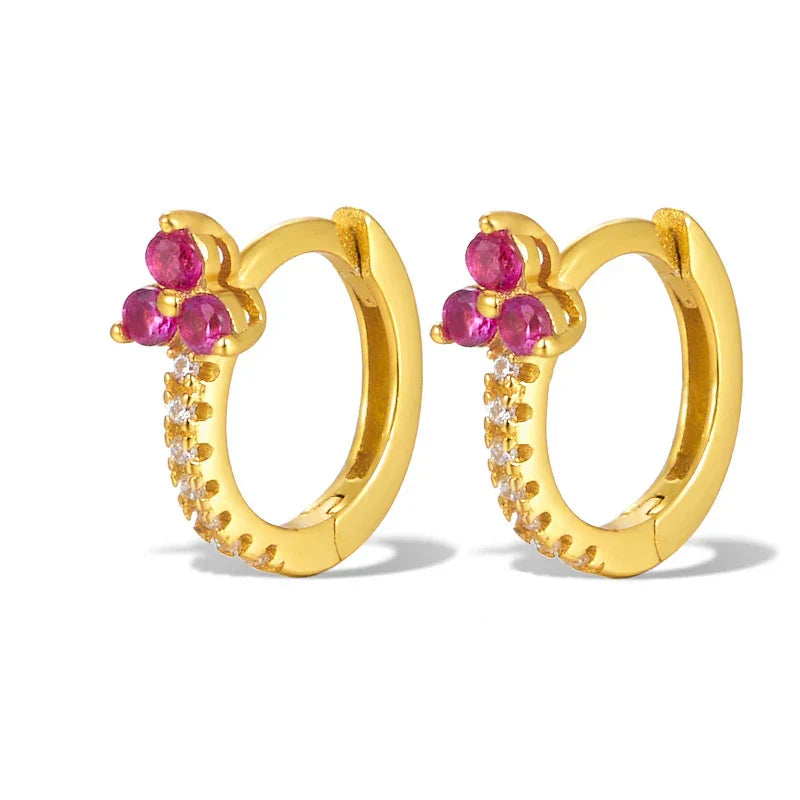 925 Sterling Silver Romantic Color Zircon Three-petal Flower Stud Earrings for Women Fashion Huggies Piercing Jewelry