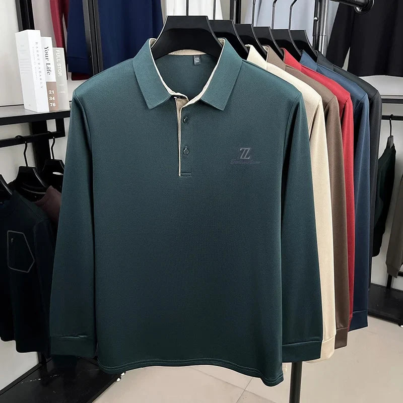 Men's High End Brand Print Solid Color Lapel Polo Shirt Autumn New Skin Friendly Long Sleeved T-shirt Fashion Versatile Menswear