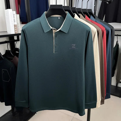 Men's High End Brand Print Solid Color Lapel Polo Shirt Autumn New Skin Friendly Long Sleeved T-shirt Fashion Versatile Menswear
