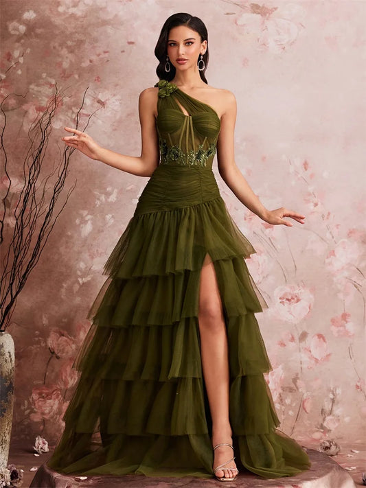 Luxury Skew-shouldered Fishbone Applique Cake Dress Elegant Tulle Slit Formal Evening Dresses Elegant Backless Party Gowns