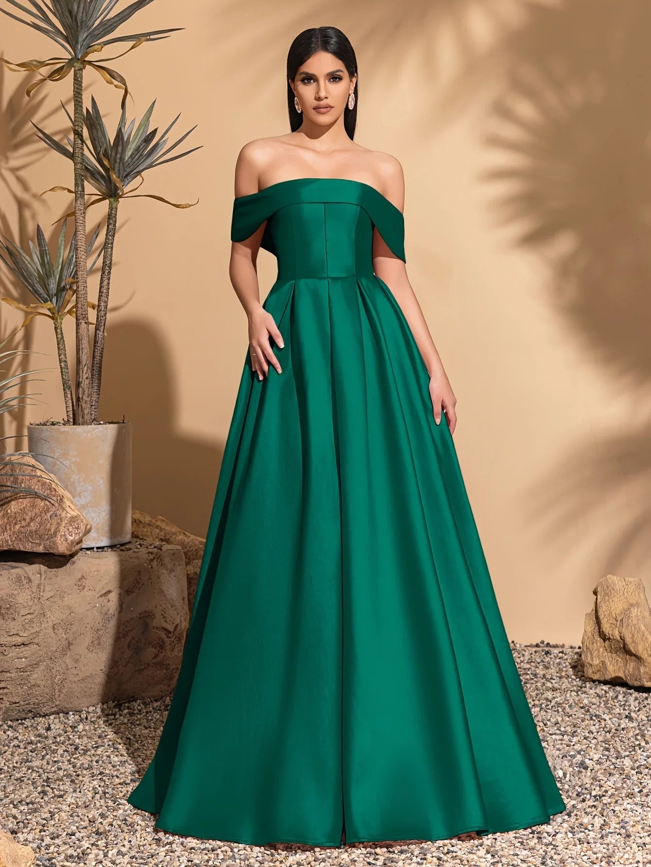 Off-the-shoulder satin dress with back tie, elegant and chic dress