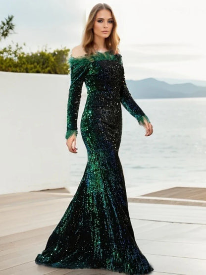 Sparkle Sequin Green Feathers Maxi Cocktail Dress Mermaid Off Shoulder Long Sleeves Stretch Wedding Party Gown Dresses 2025