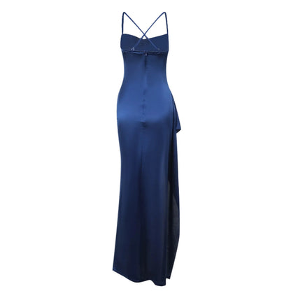 Women's Fashion Elegant Fitted Pleated Slit Satin Gown Solid Color Sleeveless Backless Long Dresses Summer Satin Party Dress
