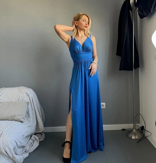 Women's Summer Evening Dresses Sexy Deep V-Neck Sleeveless Backless Sling Prom Dress Pleated Empire A-Line Split Formal Vestido