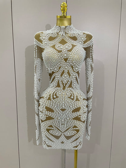 2025 New High-end Elegant Evening Gown AB Rhinestones Pearls Luxury Long Sleeves Mesh Dress Women Cocktail party Wedding Costume