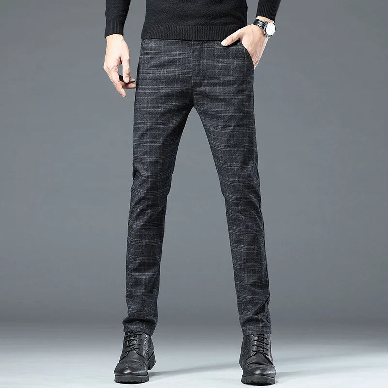 Spring Autumn Korea Business Men Pants Cotton Comfortable Elastic Plaid Casual Fashion Trousers Male Suit Pant