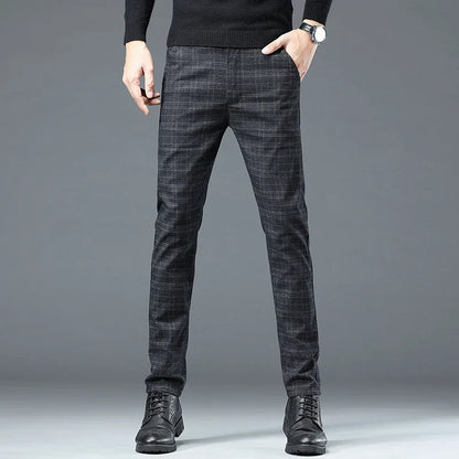 Spring Autumn Korea Business Men Pants Cotton Comfortable Elastic Plaid Casual Fashion Trousers Male Suit Pant