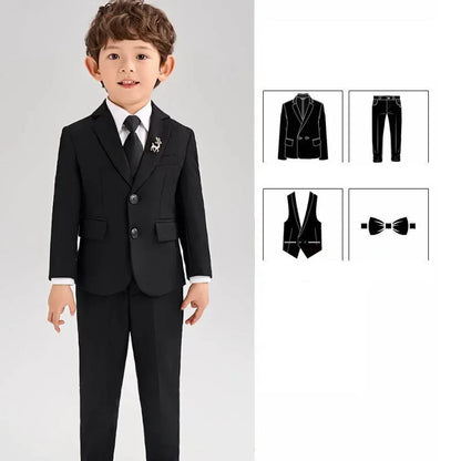 Korea Boys Black Suit For Wedding Children Jacket Vest Pants Tie 4Pcs Ceremony Tuxedo Dress Kids Photograph Performance Costume