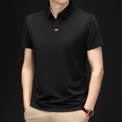High quality brand solid color V-neck short sleeve polo shirt men summer fashion simple casual ice silk breathable lapel T-shirt