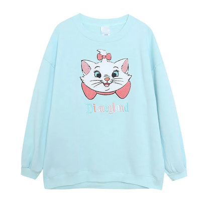 Embroidery Sweatshirt Women Casual Fleece Jumper Marie Cat Cartoon Loose Pullover Top O Neck Long Sleeve