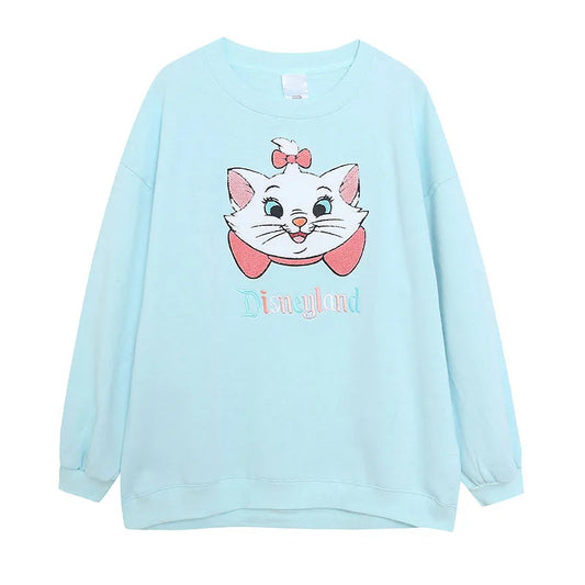 Embroidery Sweatshirt Women Casual Fleece Jumper Marie Cat Cartoon Loose Pullover Top O Neck Long Sleeve