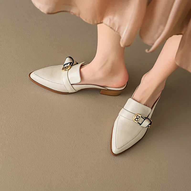 2025 French Style Genuine Leather Sandals Women Covered Toe Butterfly Knot Party Dating Sandals Office Ladies Pumps