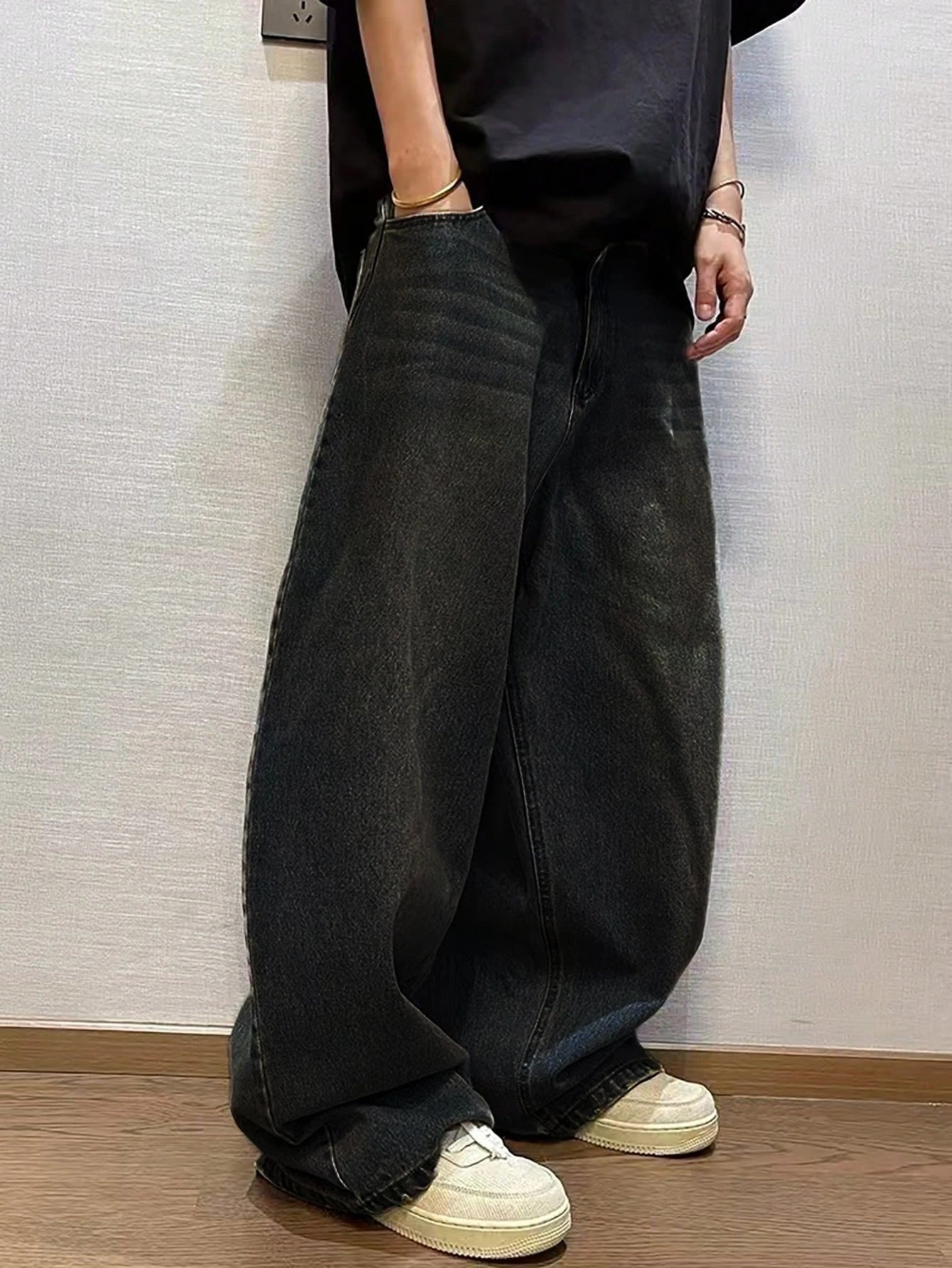 1Pc Men's Wide Pants Brushed Jeans Wide Jeans Y2K New Rocks Jeans Buggy Black Hip-Hop Pants