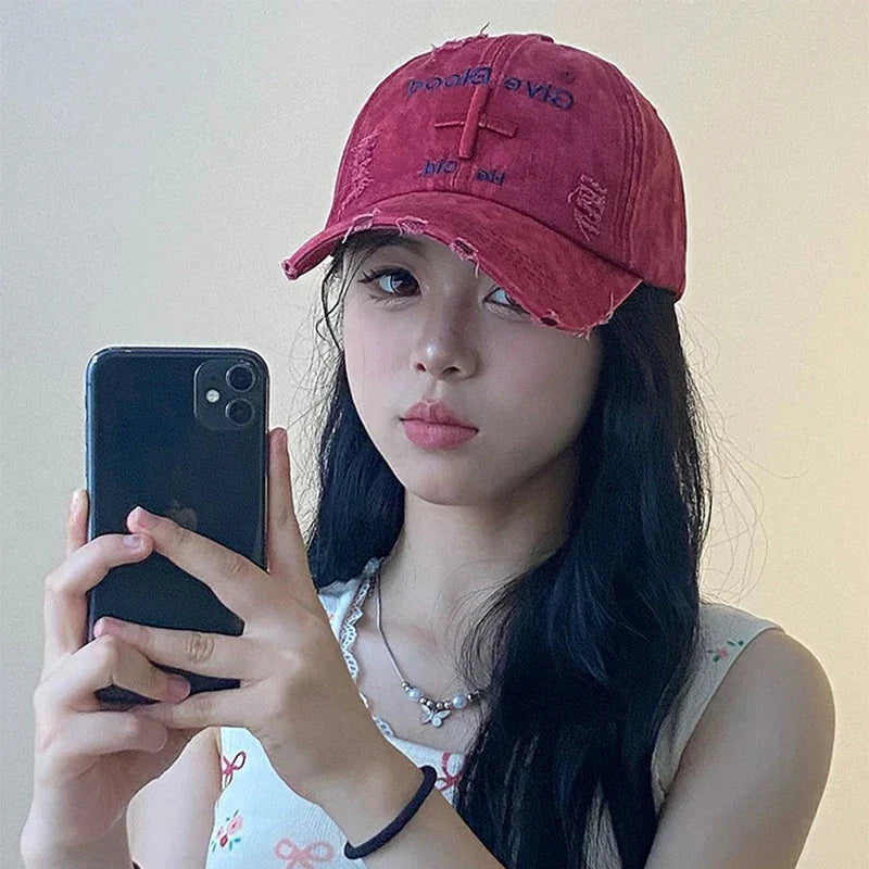 New Unisex Letter Tie-dye Embroidery American Vintage Baseball Hats Versatile Fashion ins Broken Breathable Casual Peaked Caps