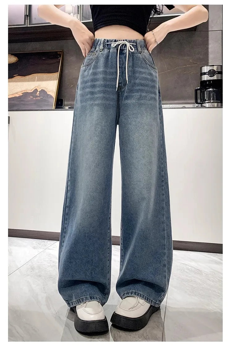 Calça Jeans Feminina Plus Size Folgada Cintura Alta Perna Larga Azul Claro Elástico na Cintura Cordão Calças Outono Moda Plus Size