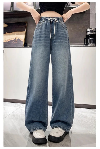Calça Jeans Feminina Plus Size Folgada Cintura Alta Perna Larga Azul Claro Elástico na Cintura Cordão Calças Outono Moda Plus Size