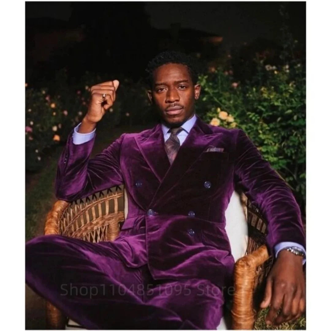 2 Piece Purple Velvet Men Wedding Dress Suits Peak Lapel Double Breasted Blazer Wedding Men Suits Fashion Groom Party Tuxedo Set